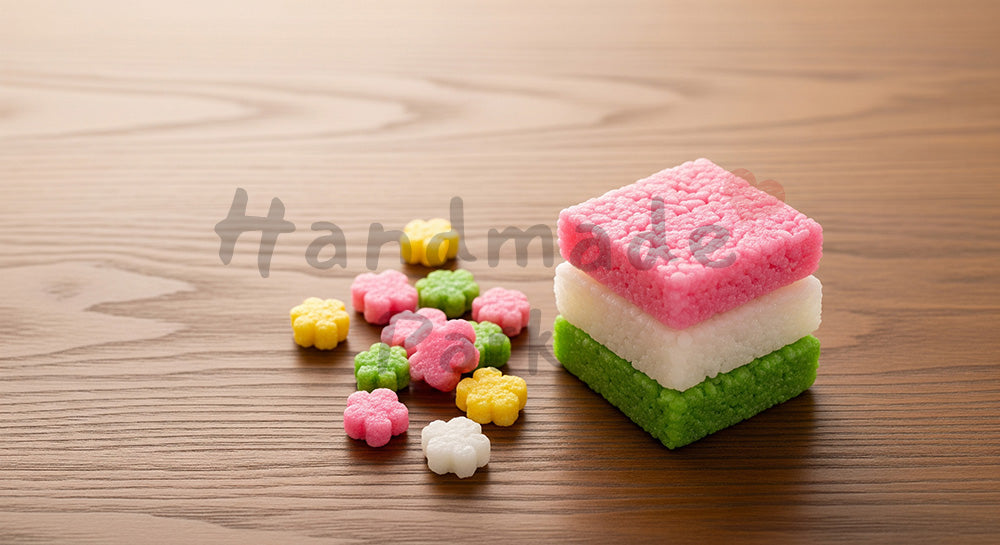 フリー素材 無料 写真|菱餅とひなあられ 俯瞰で使える春のお知らせ用素材|余白たっぷりで見出しが入れやすい