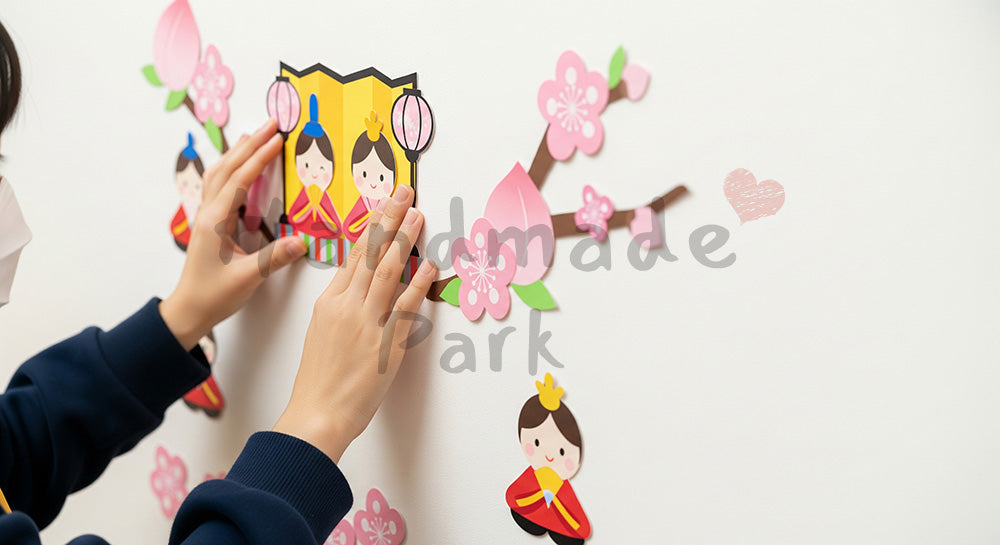 フリー素材 無料 写真|壁面飾りを作る手元 ひな祭り保育向け素材|文字入れしやすい余白あり