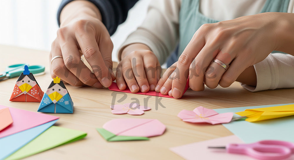 フリー素材 無料 写真|親子で折り紙ひな祭り工作 日本人の手元|余白付きで告知に使いやすい