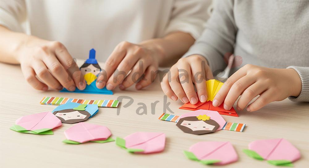 フリー素材 無料 写真|親子で折り紙ひな祭り工作 日本人の手元|文字入れしやすい余白あり