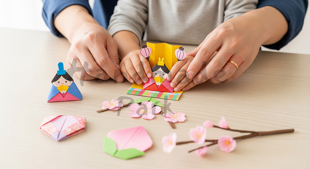 フリー素材 無料 写真|親子で折り紙ひな祭り工作 日本人の手元|テキストを載せやすい余白背景