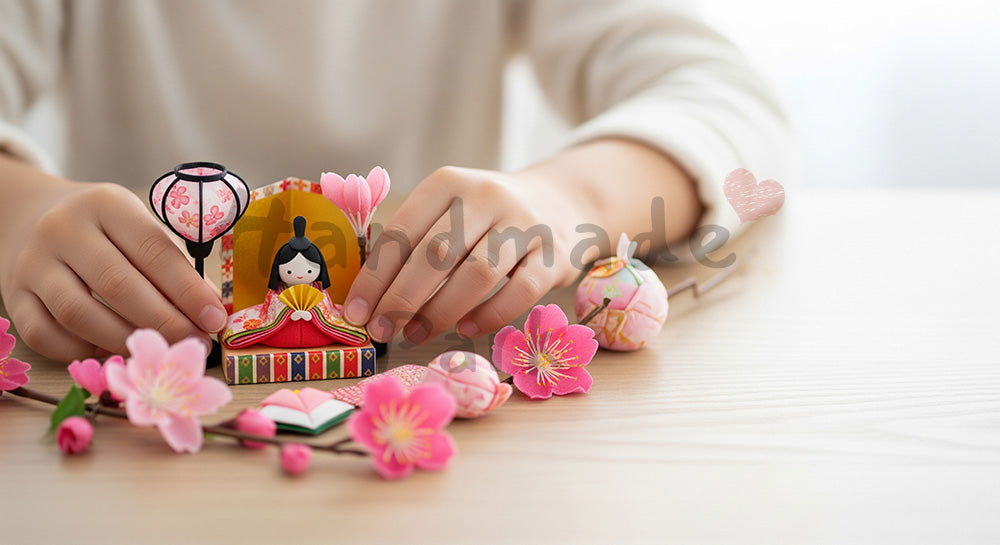 フリー素材 無料 写真|完成したひな祭り工作を並べる手元 日本人幼児|SNS投稿の挿し絵に使える