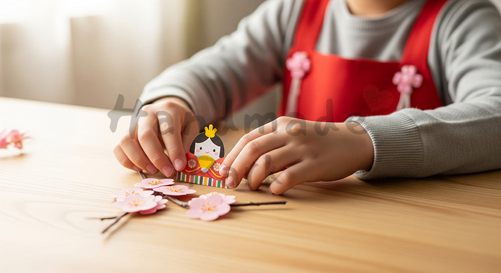 フリー素材 無料 写真|完成したひな祭り工作を並べる手元 日本人幼児|記事・スライドの差し込みに