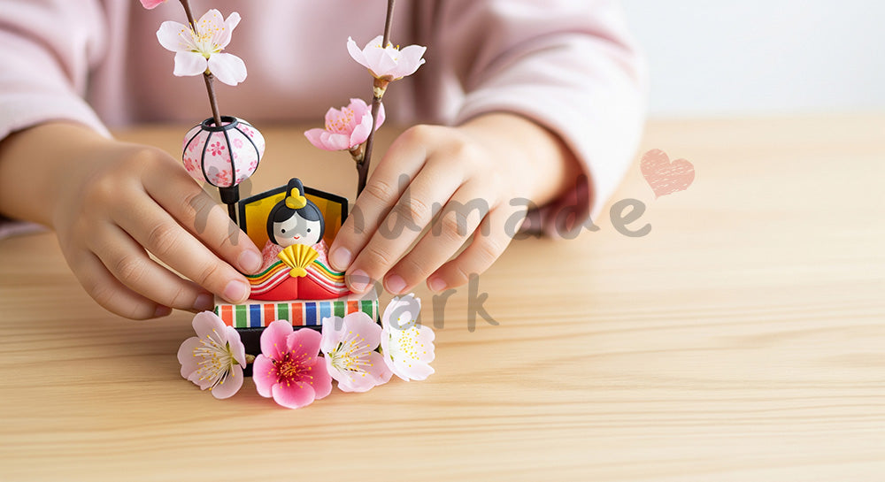 フリー素材 無料 写真|完成したひな祭り工作を並べる手元 日本人幼児|季節のお知らせに便利な背景