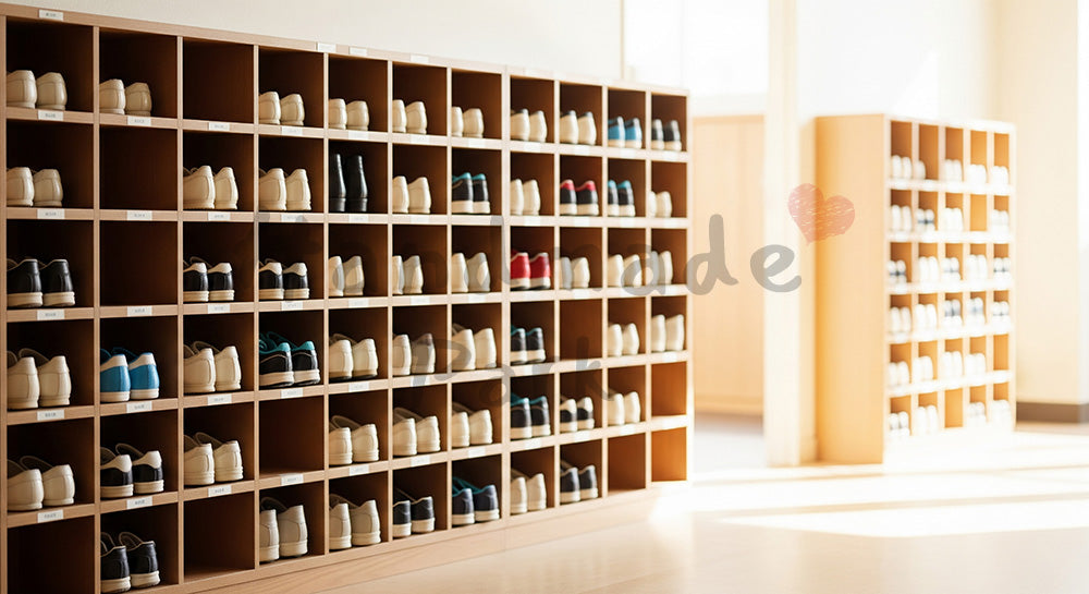 フリー素材 無料 写真|春の下駄箱と上履き 卒業の節目サムネ向け|文字入れしやすい余白あり