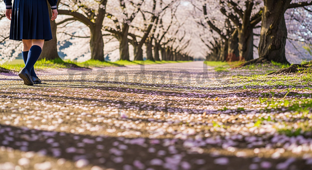フリー素材 無料 写真|桜並木の足元と影 顔なし卒業の思い出|告知画像に合わせやすい