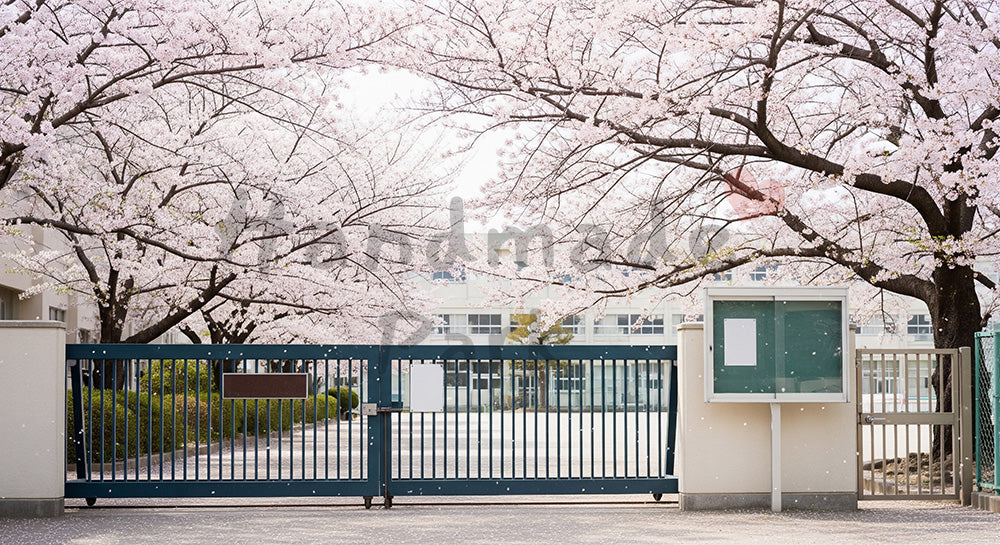 フリー素材 無料 写真|校門と桜 文字なし掲示で卒業シーズン|余白たっぷりで見出しが入れやすい