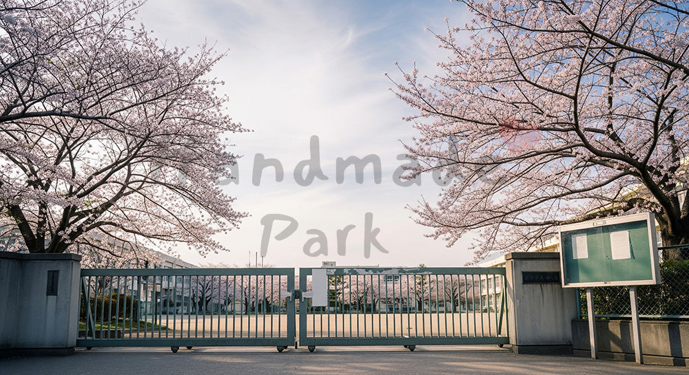 フリー素材 無料 写真|校門と桜 文字なし掲示で卒業シーズン|余白を活かしたアイキャッチ