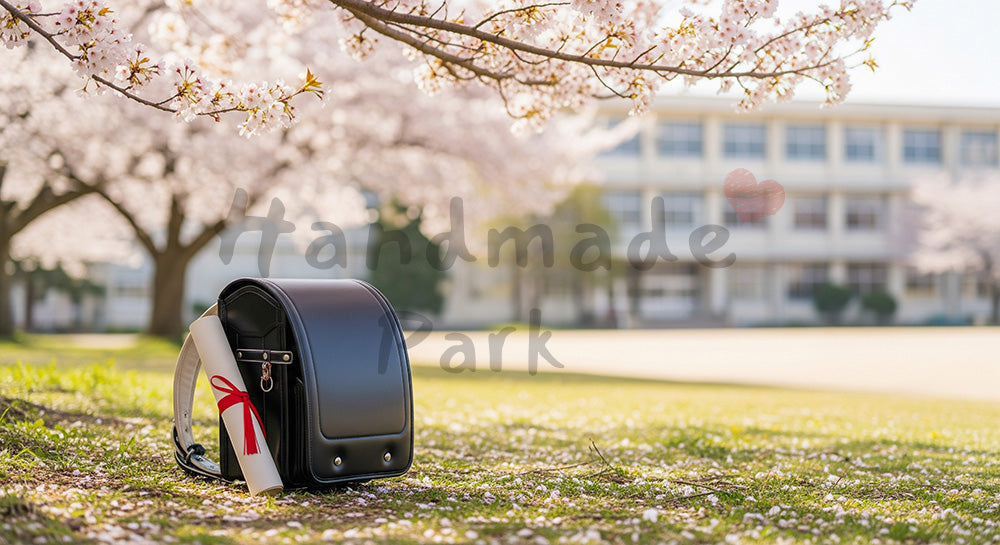 フリー素材 無料 写真|校庭の桜と証書筒 余白で卒業案内|余白たっぷりで見出しが入れやすい