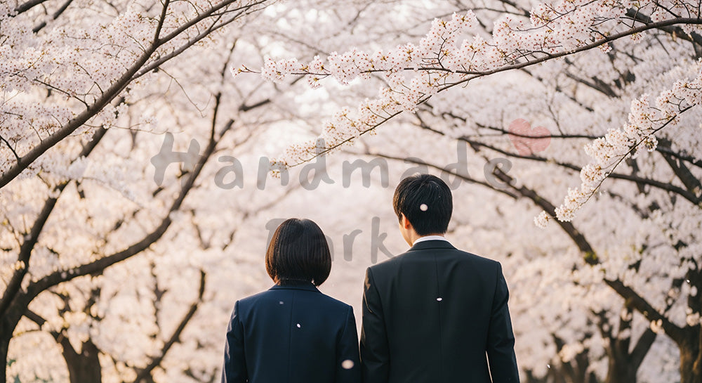 フリー素材 無料 写真|桜の下を歩く後ろ姿 顔なし卒業の節目|SNS投稿のアイキャッチ向け