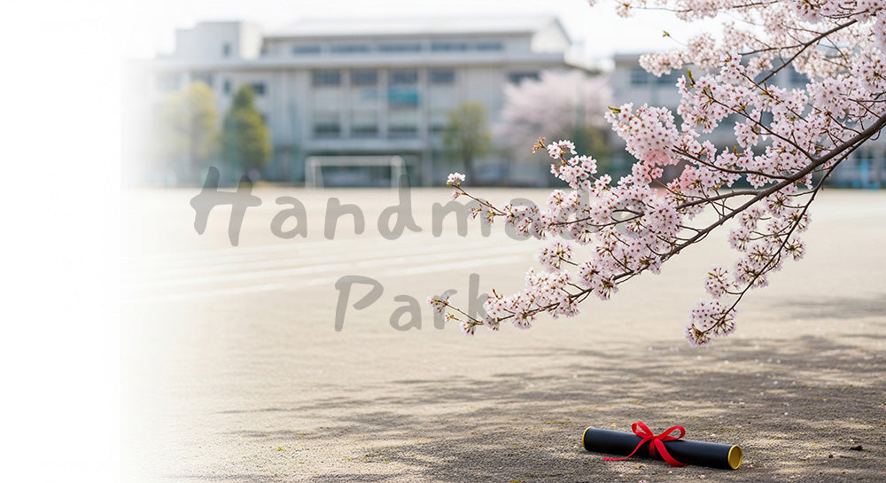 フリー素材 無料 写真|校庭の桜と証書筒 余白で卒業お知らせ|余白たっぷりで見出しが入れやすい