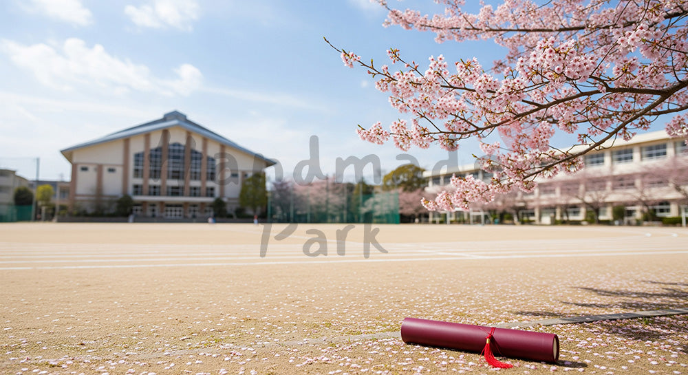 フリー素材 無料 写真|校庭の桜と証書筒 余白で卒業案内|テキストを載せやすい余白背景