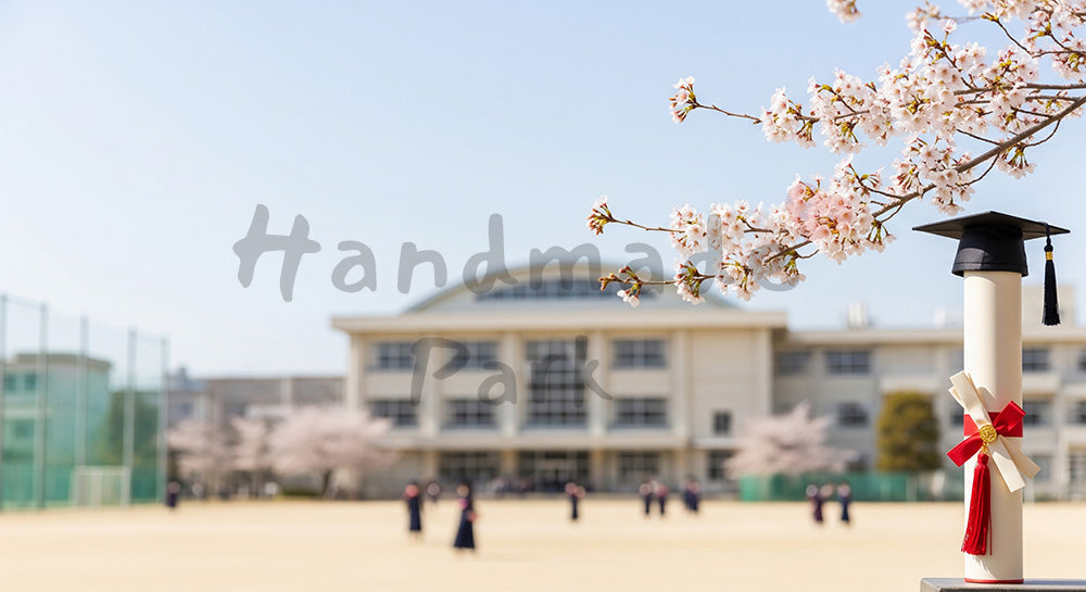 フリー素材 無料 写真|校庭の桜と証書筒 余白で卒業告知|余白を活かしたアイキャッチ (特集向け)