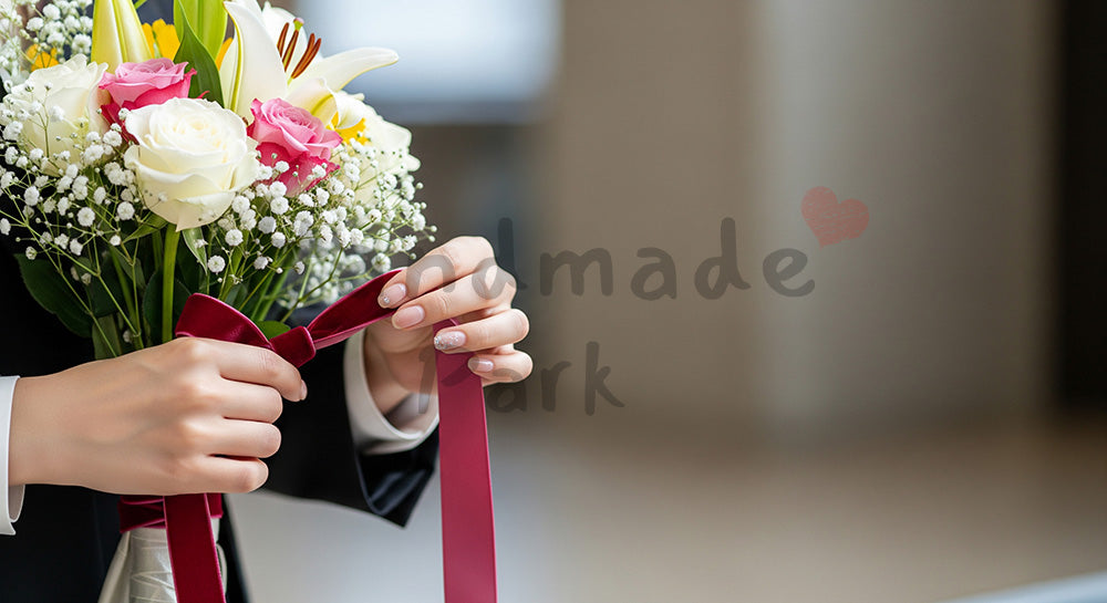 フリー素材 無料 写真|花束リボンを結ぶ手元 顔なし卒業素材|LP・バナーに使える素材