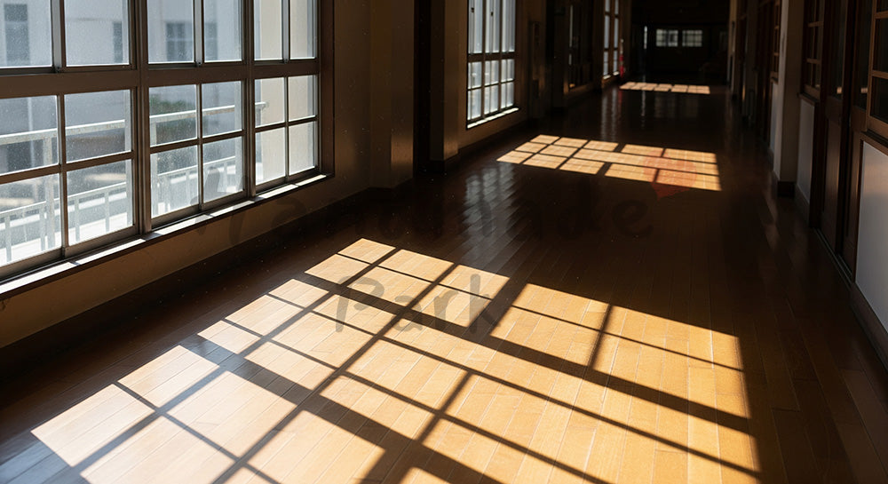 フリー素材 無料 写真|春光が差す学校廊下 余白で卒業の余韻|テキストを載せやすい余白背景