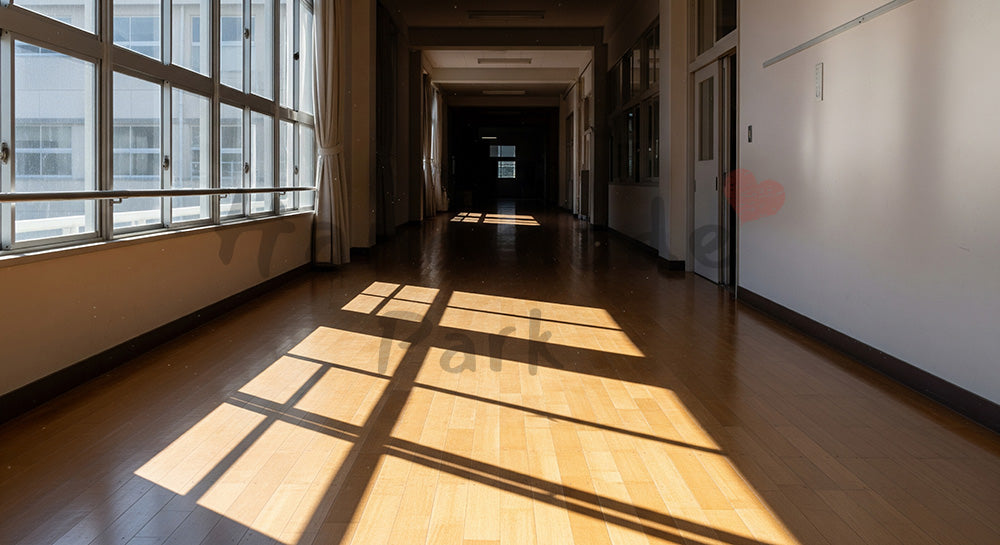 フリー素材 無料 写真|春光が差す学校廊下 余白で卒業の余韻|余白を活かしたアイキャッチ