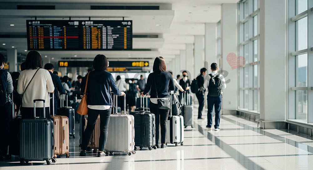 フリー素材 無料 写真|GW旅行の出発シーン 空港ロビー風 文字なし・余白あり|テキストを載せやすい余白背景