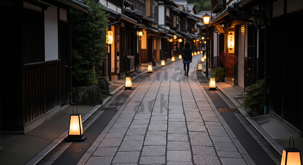 フリー素材 無料 写真|GWの街歩き 石畳小道と夕方の灯り 余白|文字入れしやすい余白あり