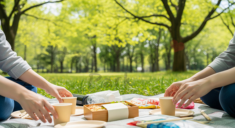 フリー素材 無料 写真|GWピクニック 新緑の公園とお弁当 余白|テキストを載せやすい余白背景