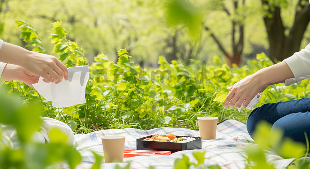 フリー素材 無料 写真|GWピクニック 新緑の公園とお弁当 余白|余白を活かしたアイキャッチ