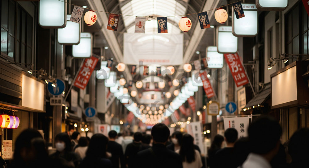 フリー素材 無料 写真|GWの商店街散策 にぎわい背景 文字なし・余白あり|テキストを載せやすい余白背景