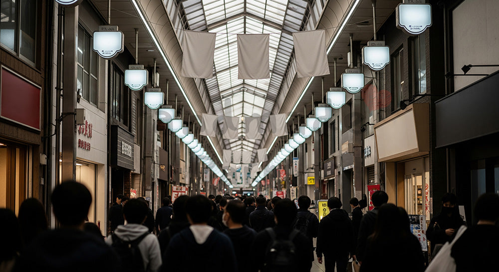 フリー素材 無料 写真|GWの商店街散策 にぎわい背景 文字なし・余白あり|余白たっぷりで見出しが入れやすい