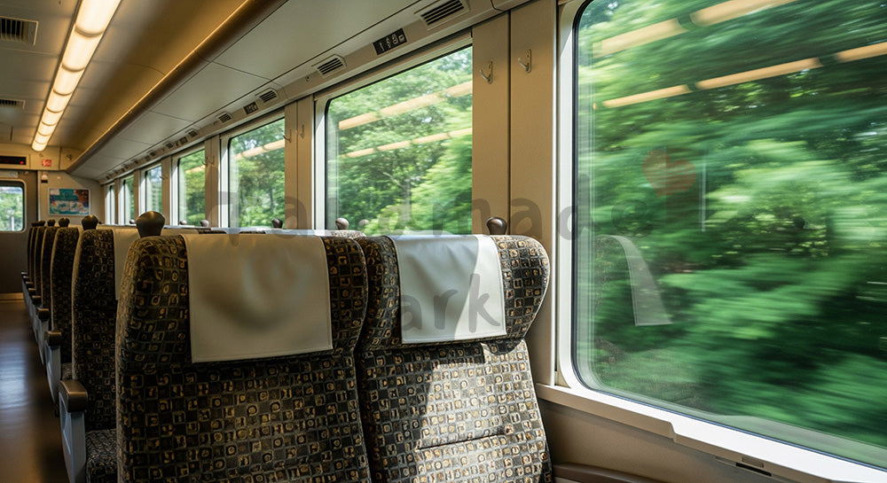 フリー素材 無料 写真|GWの列車旅 車窓の新緑と余白|テキストを載せやすい余白背景