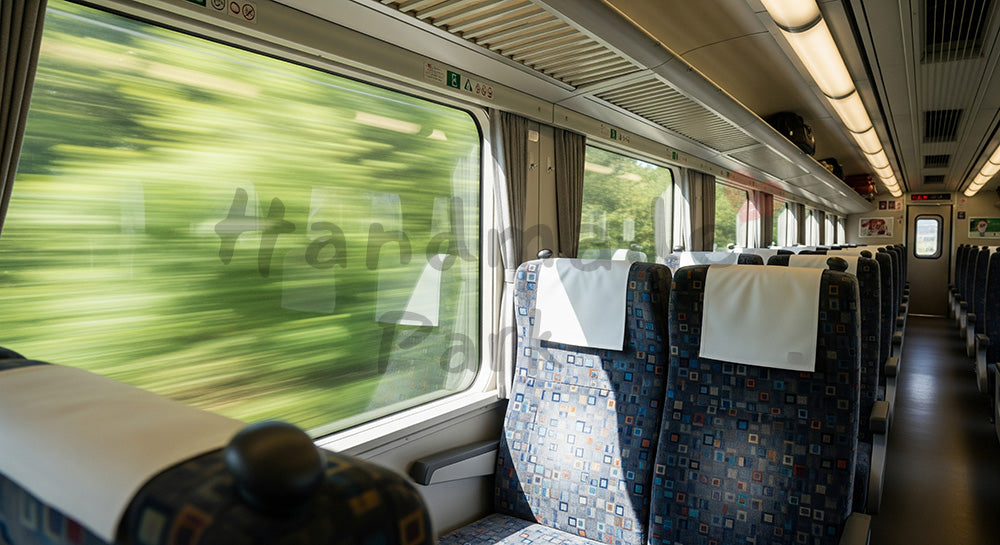 フリー素材 無料 写真|GWの列車旅 車窓の新緑と余白|余白たっぷりで見出しが入れやすい