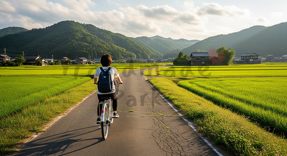 フリー素材 無料 写真|GWサイクリング 田園の道と空の余白|余白を活かしたアイキャッチ