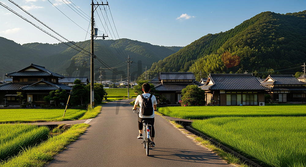 フリー素材 無料 写真|GWサイクリング 田園の道と空の余白|余白たっぷりで見出しが入れやすい