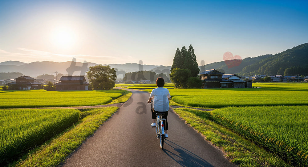 フリー素材 無料 写真|GWサイクリング 田園の道と空の余白|テキストを載せやすい余白背景