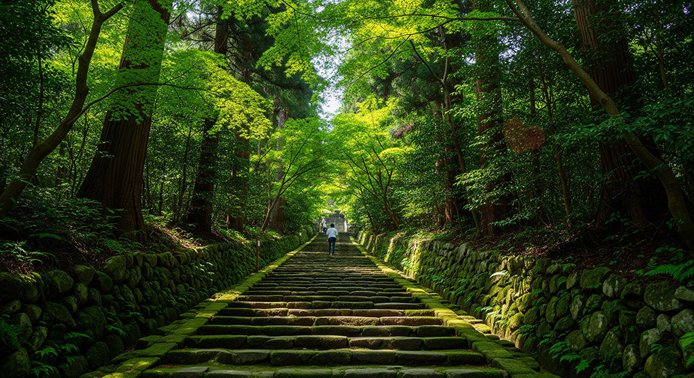 フリー素材 無料 写真|GWハイキング 新緑の山道 余白|余白たっぷりで見出しが入れやすい