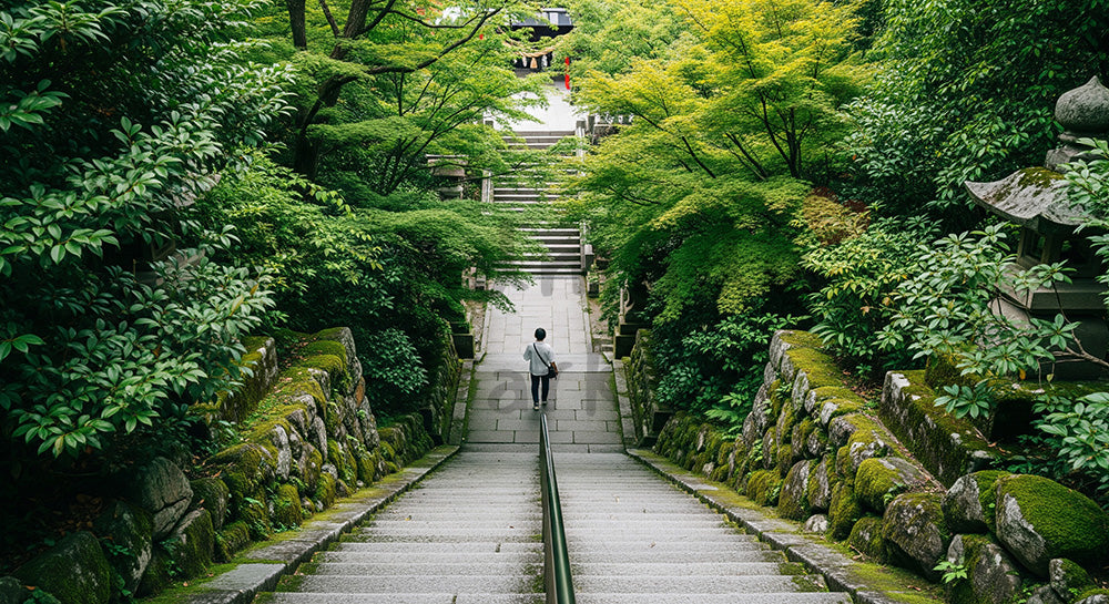 フリー素材 無料 写真|GWハイキング 新緑の山道 余白|文字入れしやすい余白あり