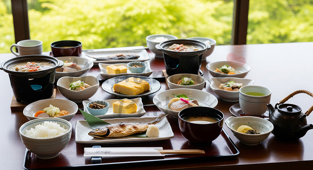 フリー素材 無料 写真|GW旅館の朝食 和のテーブル俯瞰 余白あり|文字入れしやすい余白あり