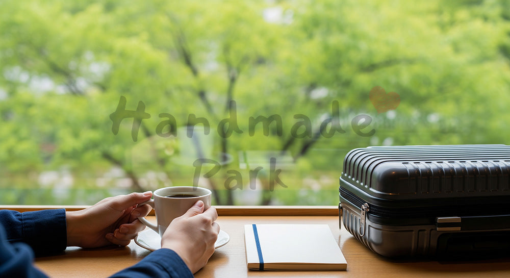 フリー素材 無料 写真|GW旅のカフェ休憩 キャリーケースと窓辺光(余白あり)|SNS投稿のアイキャッチ向け