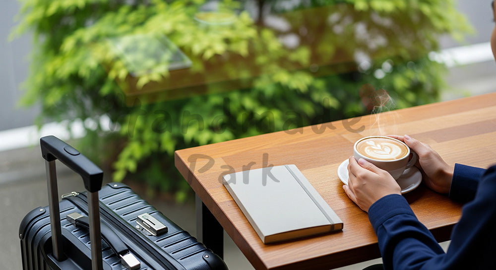 フリー素材 無料 写真|GW旅のカフェ休憩 キャリーケースと窓辺光|特集ページの見出しに便利