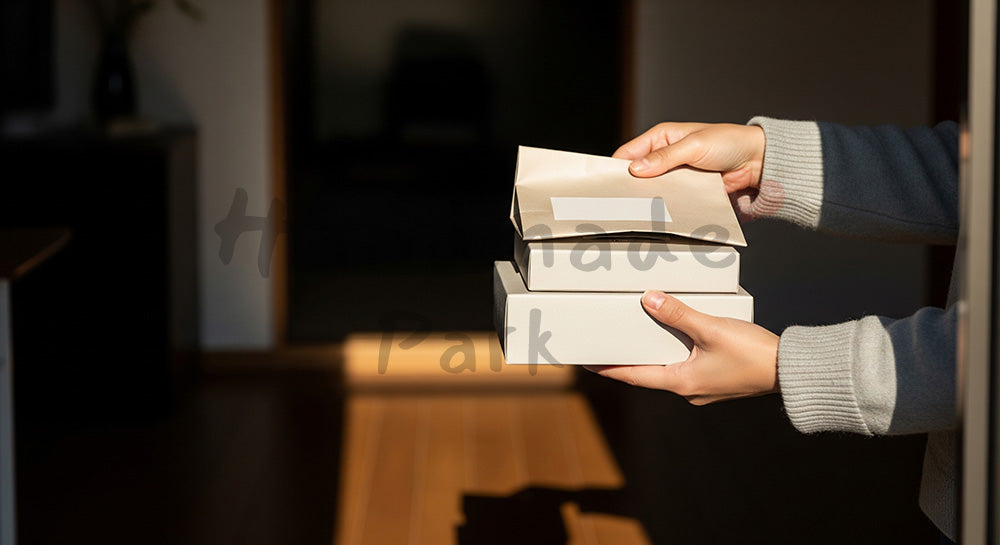 フリー素材 無料 写真|GW帰省 手土産を持つ手元 玄関の余白|余白を活かしたアイキャッチ