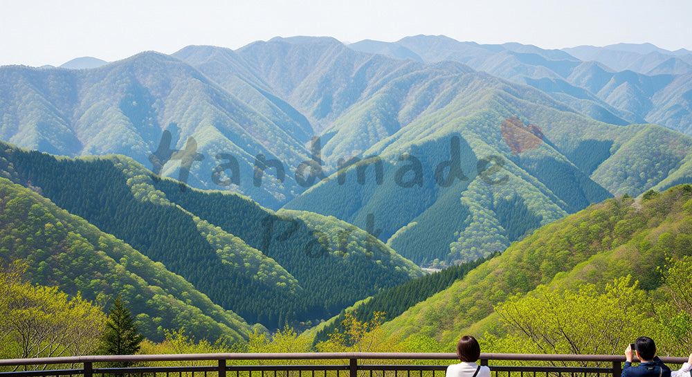 フリー素材 無料 写真|GW絶景スポット風 展望デッキと新緑 余白|余白を活かしたアイキャッチ