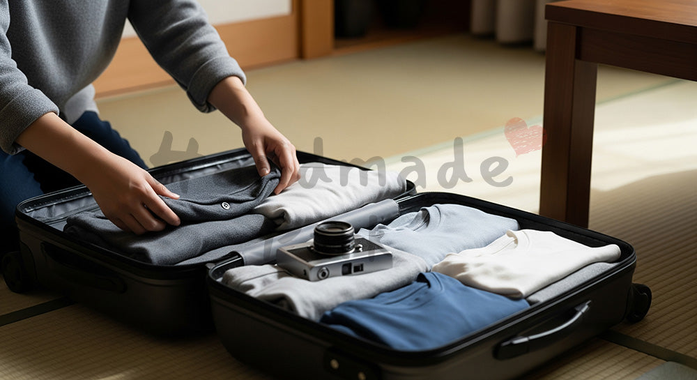 フリー素材 無料 写真|GW旅行のパッキング スーツケース俯瞰 余白|余白を活かしたアイキャッチ