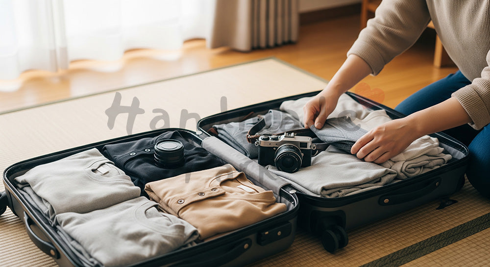 フリー素材 無料 写真|GW旅行のパッキング スーツケース俯瞰 余白|余白たっぷりで見出しが入れやすい