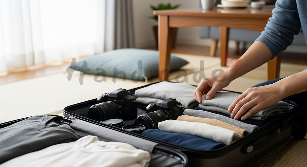 フリー素材 無料 写真|GW旅行のパッキング スーツケース俯瞰 余白|テキストを載せやすい余白背景