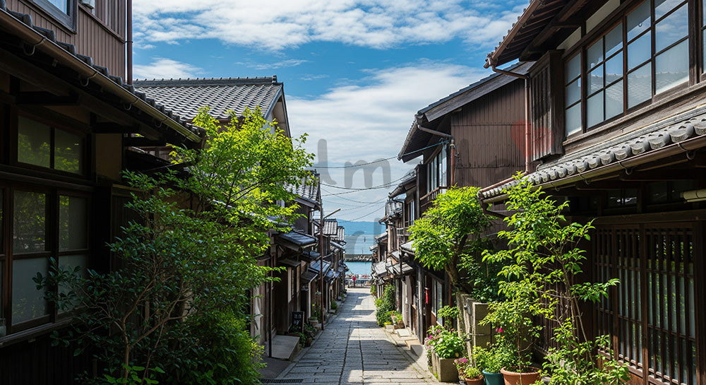 フリー素材 無料 写真|GW港町さんぽ 青空と路地のアイキャッチ|SNS投稿のアイキャッチ向け