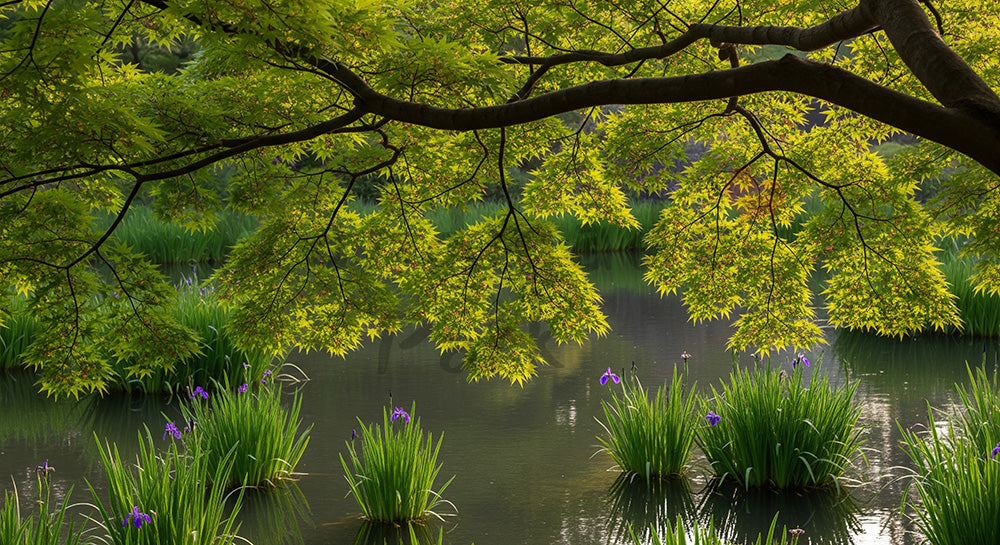 フリー素材 無料 写真|水辺の庭木しっとりした余白背景|SNS投稿に使えるナチュラルな画像