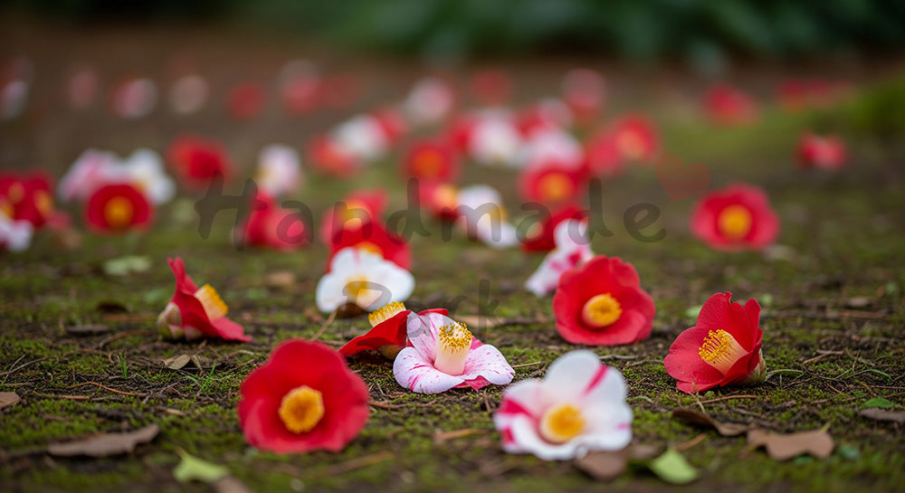 フリー素材 無料 写真|落ち椿の情景余白のある和の背景|作品紹介に使えるナチュラルな画像