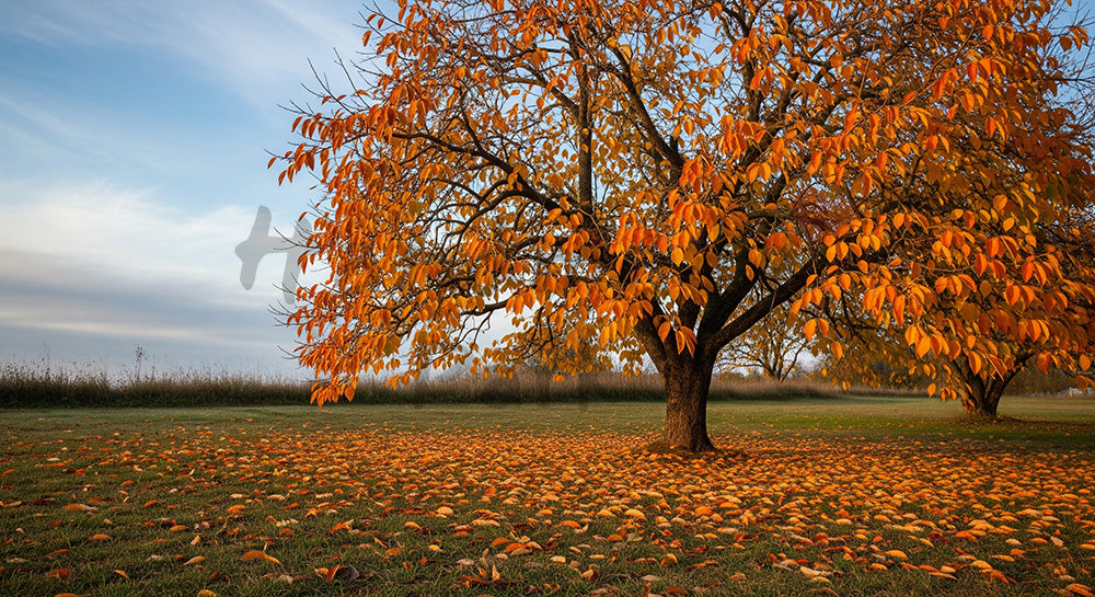 フリー素材 無料 写真|柿の木の落ち葉秋の季節感と余白|告知バナーに使えるナチュラルな画像