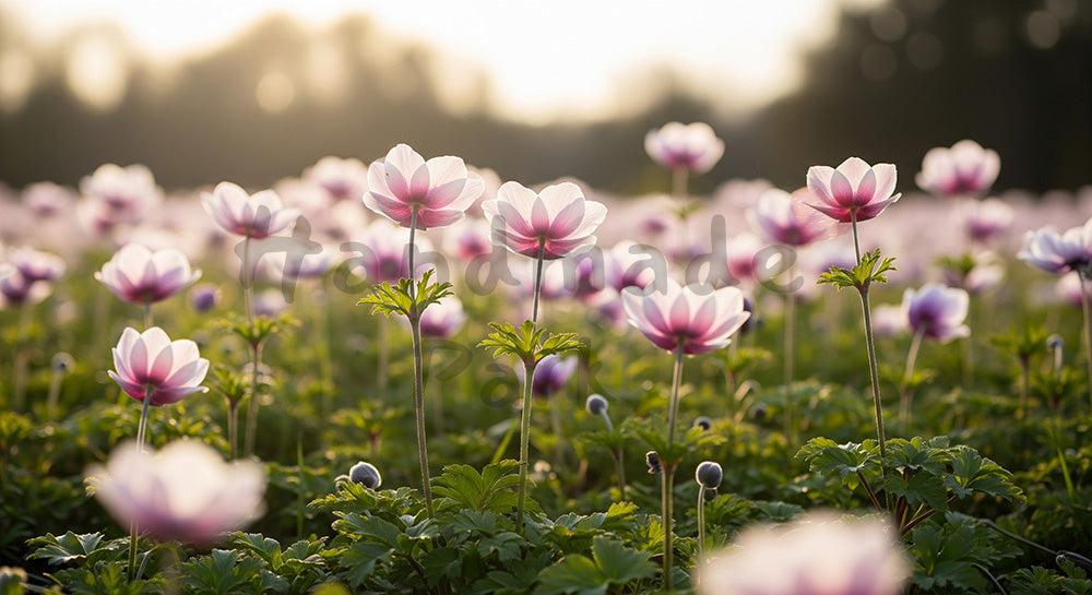 フリー素材 無料 写真|野原に咲くアネモネ逆光のやさしい光|作品紹介に映える余白デザイン