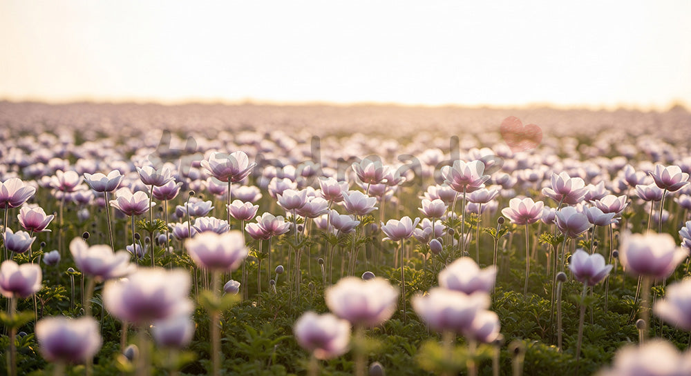 フリー素材 無料 写真|野原に咲くアネモネ逆光のやさしい光|商品ページに映える余白デザイン