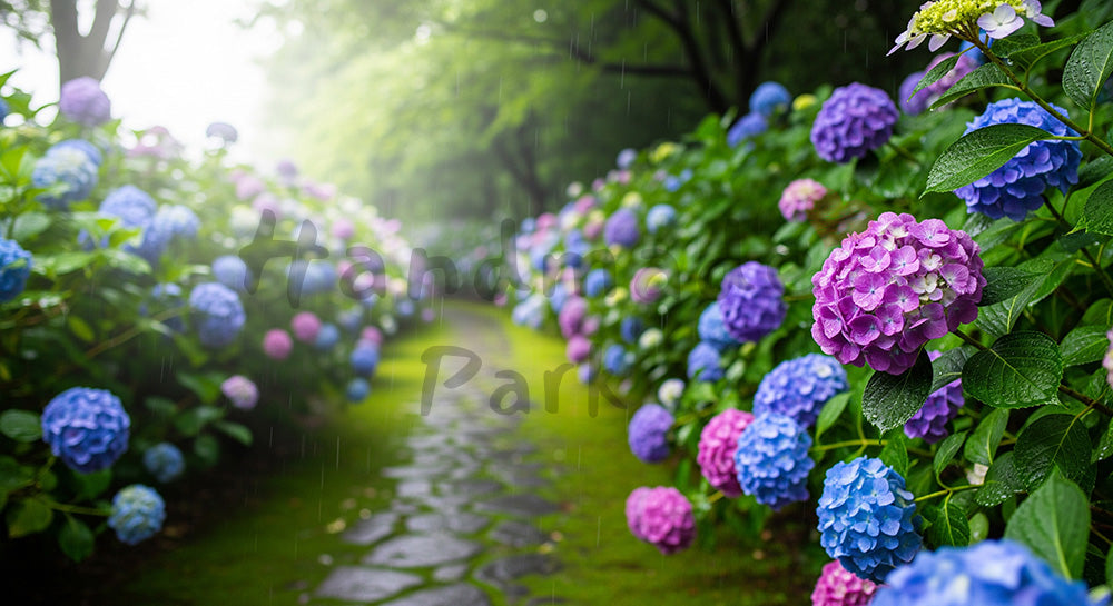 フリー素材 無料 写真|雨上がりの紫陽花小径しっとりボケ|SNS投稿に使えるナチュラルな画像