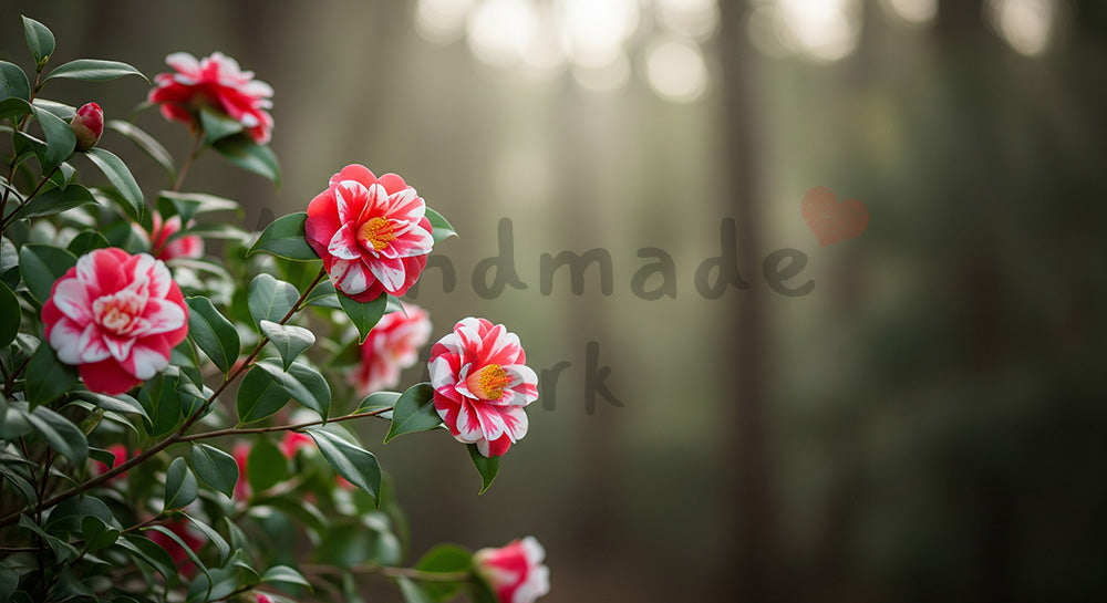 フリー素材 無料 写真|静かな森に咲く椿余白のある構図|商品ページに使えるナチュラルな画像