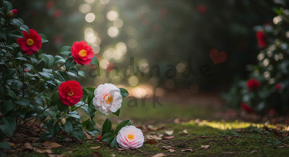 フリー素材 無料 写真|静かな森に咲く椿余白のある構図|サムネ画像に使えるナチュラルな画像